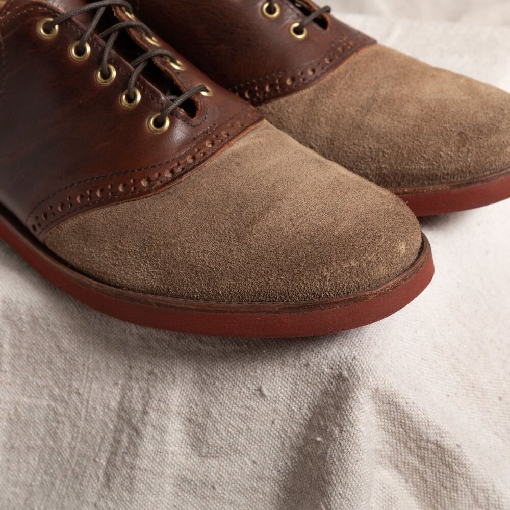 Vintage 90s Cole Haan Suede Saddle Oxford Brogue Shoes Tan Brown 10M Prep Trad - Picture 7 of 13